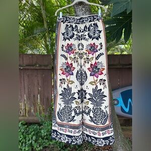 Bohemian Wide Leg Floral Print Pants - Cream & Navy